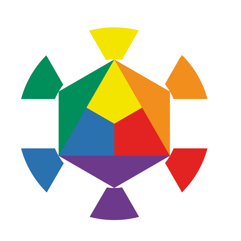 color wheel with the primary colors red, yellow, blue in the center, then the secondary colors of orange, green and purple surrounding it.